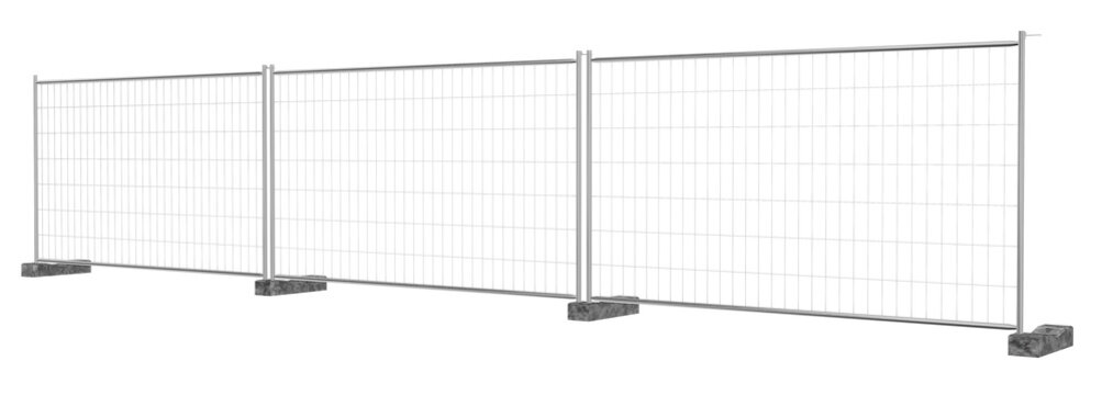 3d render of a temporary metal fence with steel wire mesh and concrete bases. angled perspective showing construction barrier details, metallic textures, and industrial security applications.