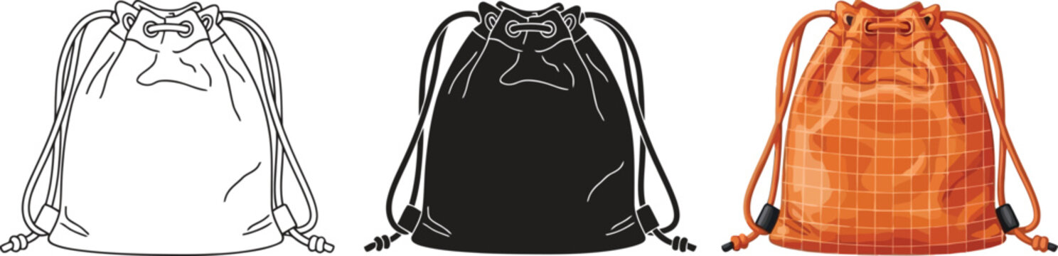 Collection of drawstring bags including outline black and orange styles isolated on white background for design concepts