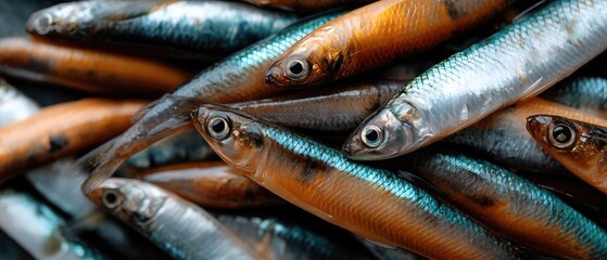 Fototapeta premium Close up shot of a heap of fresh small fish displaying shiny scales and dark dorsal regions in a natural light setting for an enticing presentation