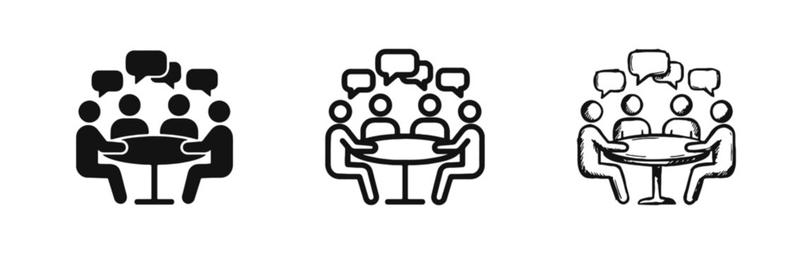 Team meeting and discussion icons with people and speech bubbles in three styles