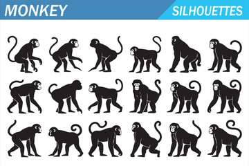 Fototapeta premium Tropical primate silhouette icons set with black monkey animal symbols and poses