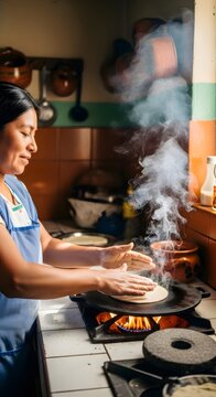 Mexican woman cooking handmade tortillas on a comal