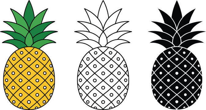 Pineapple icon color outline and silhouette set ananas vector illustration tropical fruit design isolated on white background