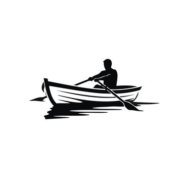 Silhouette of a person rowing a wooden boat with oars. Outdoor recreation concept. Flat vector illustration isolated on transparent background