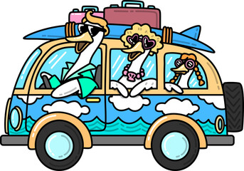 Fototapeta premium Summer Family of Geese on a Road Trip Adventure Illustration