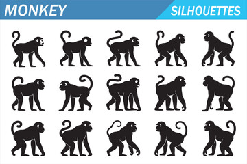 Wildlife monkey silhouettes collection for zoo safari jungle and mascot design use © MDSUMON