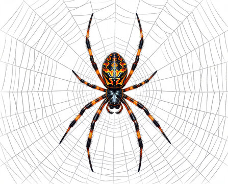 Colorful Garden Spider on Web Isolated on White
