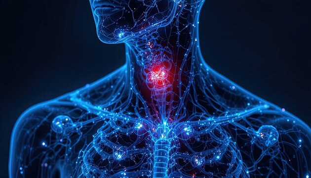 Digital visualization shows human lymphatic system with inflamed nodes in the neck.