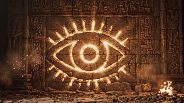 Hooded Figure Holding Flaming Torch Before Glowing Fire Eye Symbol Carved in Ancient Stone Wall