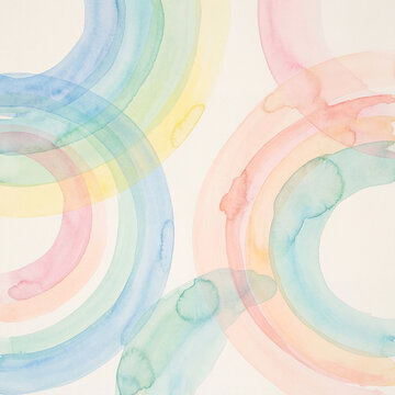 Stretch ceiling design, upward view with overlapping pastel watercolor arcs in soft rainbow tones, abstract ceiling mural, light airy composition, modern decorative interior concept