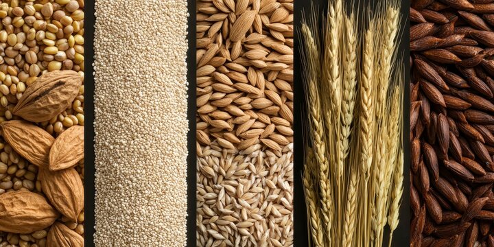 Various whole grains and seeds including almonds, quinoa, barley, wheat, and rye displayed in vertical sections on a dark background.
