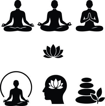 Yoga poses with lotus and spa stone black silhouette vector. 