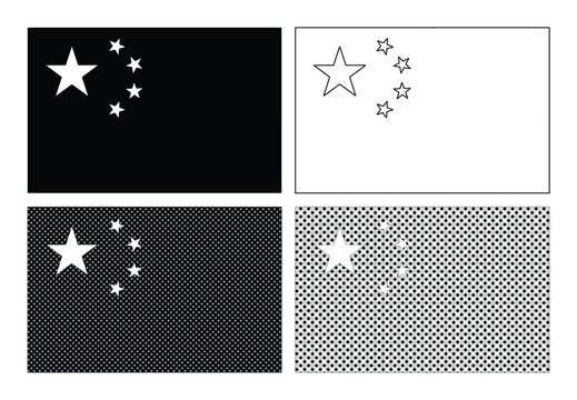 中国の国旗のベクターアイコンセット、モノクロと線画のシンプルなフラッグデザイン、4種類のバリエーションが含まれるグラフィック素材、ニュースや教育用資料に最適な五星紅旗のイラスト