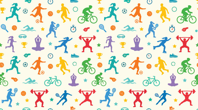 Vibrant sports icons pattern with various fitness and athletic elements