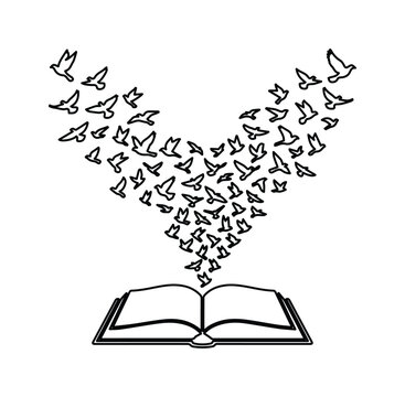 ミニマルな線画で描かれた開いた本から飛び立つ鳥の群れ, 知識と自由を象徴する読書のコンセプトアート, 白背景に黒のラインで構成された教育と想像力のベクターイラスト, 物語が広がるイメージのグラフィック素材