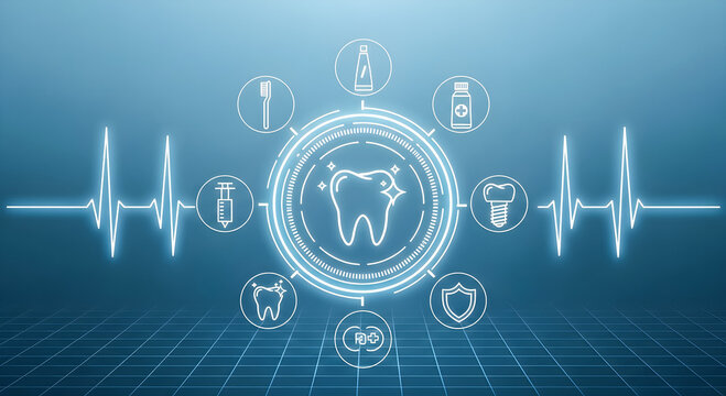 Dental care digital interface with glowing tooth icons, futuristic stomatology medical technology, blue healthcare infographic background