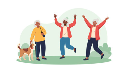 Fototapeta premium Three joyful senior women celebrating together by dancing and laughing in an outdoor setting with a friendly dog nearby in the grass.