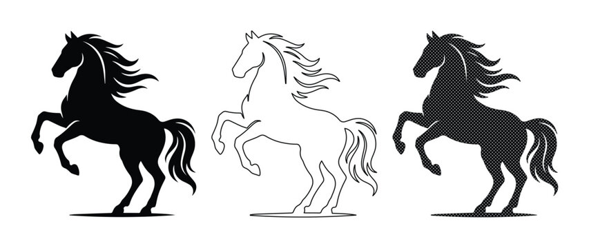 躍動感のある馬のシルエットとラインアートのベクターセット、前脚を高く上げた力強い馬のポーズ、黒いシルエットとアウトラインの3つのバリエーション、乗馬クラブやスポーツロゴに最適な動物イラスト素材
