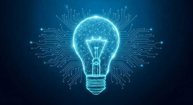 Futuristic glowing light bulb with digital circuit board lines, blue neon technology concept for innovation and artificial intelligence, creative idea background