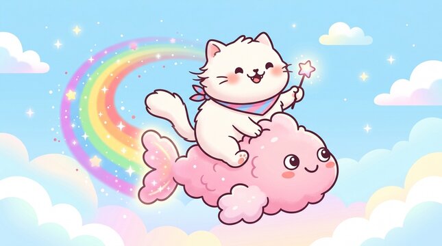 Cute Cartoon Illustration of a Cat Riding a Fish-Shaped Pink Cloud in a Rainbow Sky.
