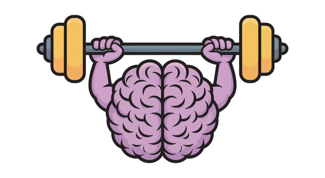 Cartoon purple brain lifting yellow barbell with two arms, creative intelligence workout concept, playful mascot design