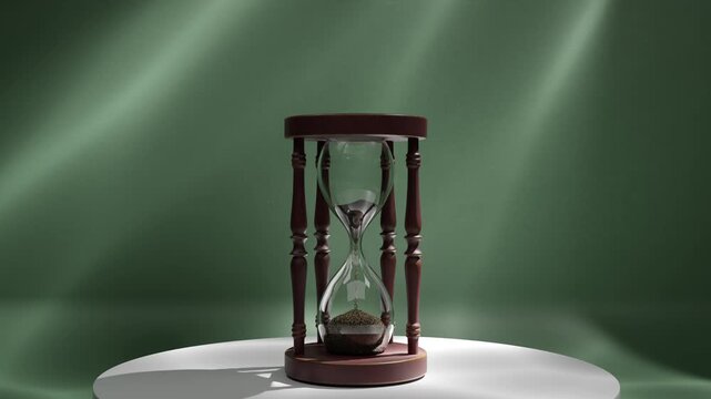Hyper Realistic Hourglass with Flowing Sand in Green Light Scene, Sun Rays, 4K Animation