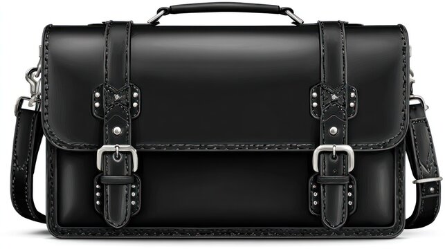 Black leather briefcase with straps and buckles isolated on white background