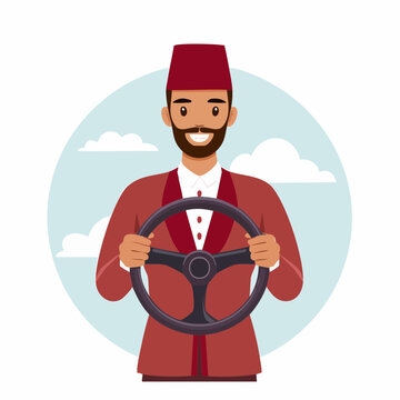 Man in Fez Hat Driving a Car
