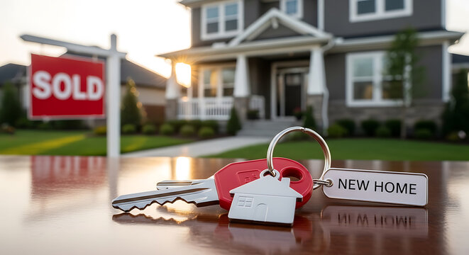 A sold sign keys and a new home charm represent recent homeownership on transparent background