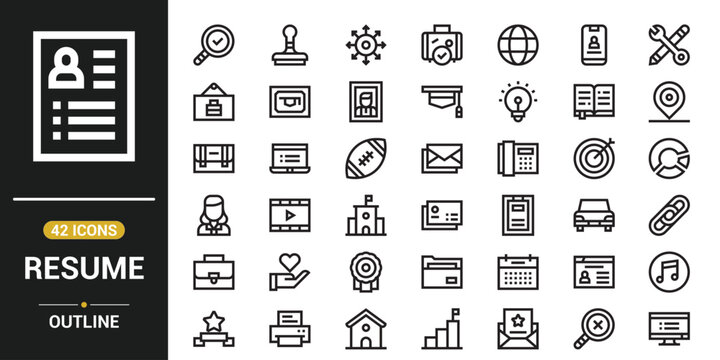 Resume and CV line icons collection, job application vector symbols, career profile outline set, hiring process elements, recruitment and HR icons, editable stroke pack
