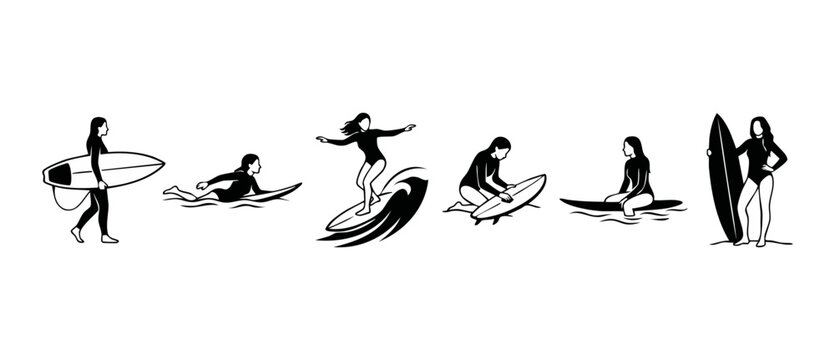 Surfer girl surfing set, female surfer icons with surfboard in various poses, minimalist black and white vector illustrations of women water sports activities for lifestyle design and beach branding.