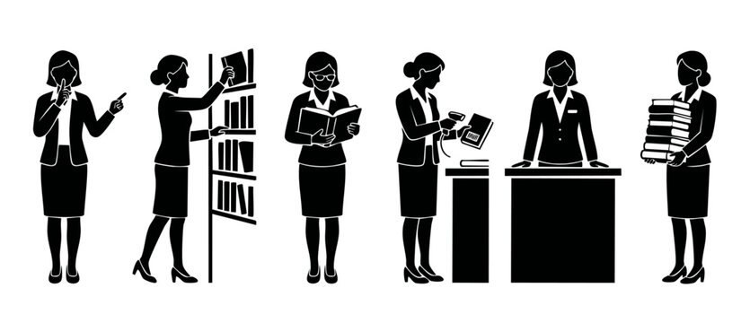 Librarian Silhouettes Set Collection, Professional Woman Working in Library with Books, Scanning Barcodes, Assisting Visitors and Organizing Shelves, Vector Flat Illustration for Information and Educa