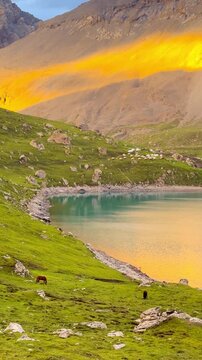 Numerous mountains with the sun setting, casting warm light on the peak and creating a reflection on the water of Tian Tang Lake in Xinjiang Province, China. Lush green grasslands form in foreground.
