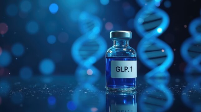A vial labeled glp 1 against dna helix background filled with blue liquid symbolizing biotechnology development, medical research, obesity treatment and breakthrough in metabolic health