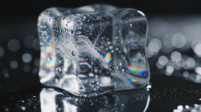 Macro shot of a single transparent ice cube with internal cracks and air bubbles on a dark reflective surface, featuring vivid rainbow light refraction and prism effects with bokeh.