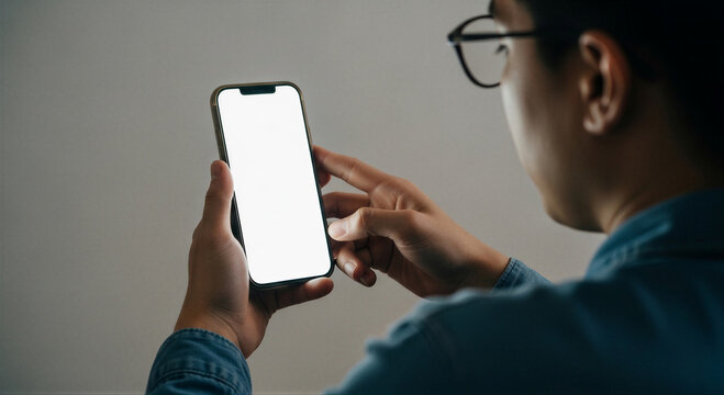 Man Using Smartphone Mockup Blank Screen Indoor