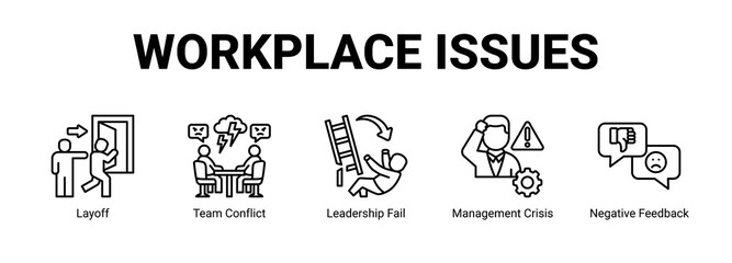 Obraz premium Workplace Issues web banner icon concept, with Layoff, Team Conflict, Leadership Fail, Management Crisis.