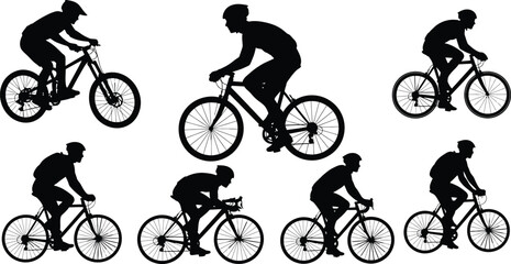 Naklejka premium Silhouette cyclists riding different bicycles isolated on white background, Vector