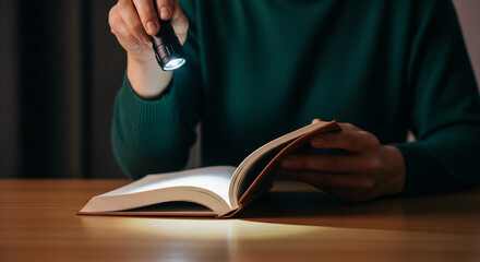 Fototapeta premium Man Reading Book with Flashlight in Dark Room