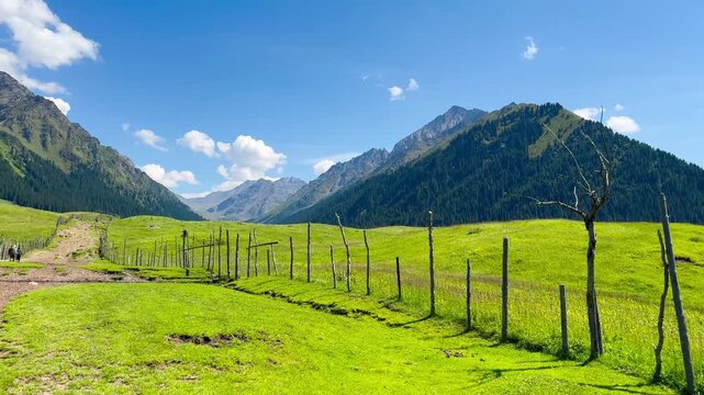 Panning video shows green grassy hills on both sides of Tianshan Mountain, Xinjiang, China. A woman walking in the distance on a sunny day. Many mountains are forming beautiful layers.
