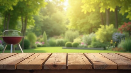 Fototapeta premium empty wooden table on blurred garden background with barbecue grill in summer 