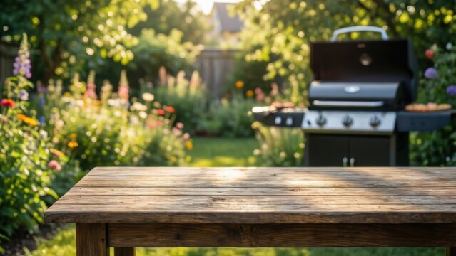 empty wooden table on blurred garden background with barbecue grill in summer 
