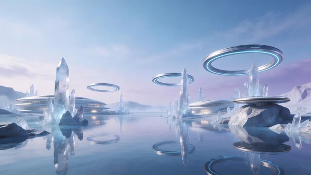 Futuristic crystal cityscape with floating rings