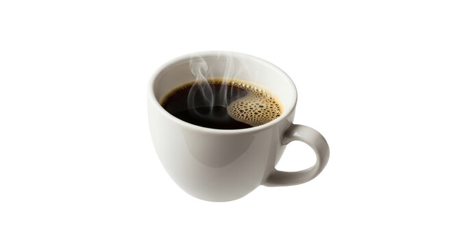 Hot Black Coffee in White Ceramic Cup with Steam and Foam Isolated on White Background