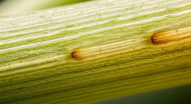 Close-up Macro View of Wheat Stem Showing Fungal Disease Lesions.