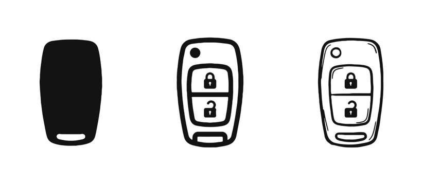 Car key fob remote control icon set in flat, outline, and hand-drawn styles