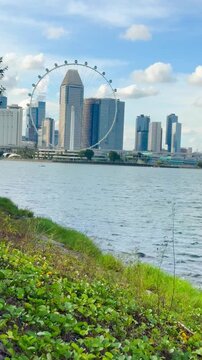 Marina Bay, Singapore - 25 February 2025: A view of lush green meadows along the river, overlooking the Singapore Flyer on a clear, breezy day. Editorial video.