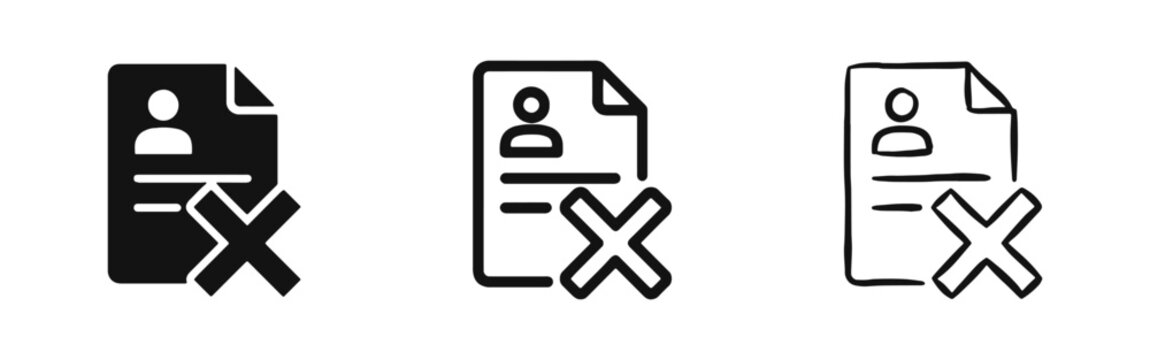 CV rejection or document error icon set in flat, outline, and hand-drawn styles
