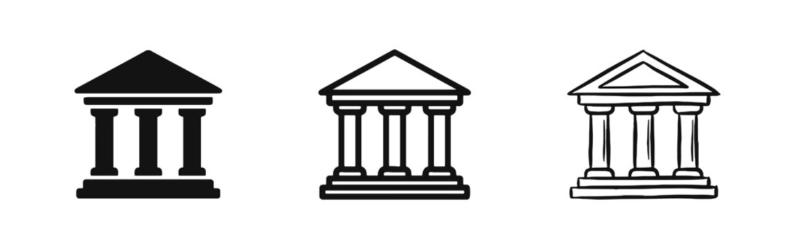 Classical building or bank icon set in flat, outline, and hand-drawn styles