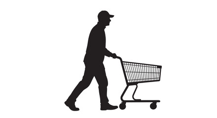 Silhouette of a man pushing a shopping cart on a white background © MD